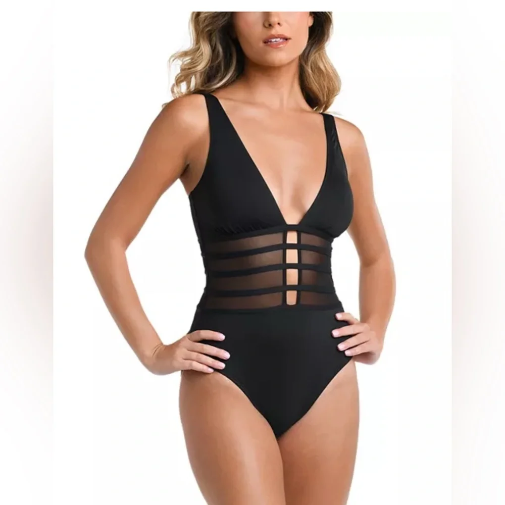 New! La Blanca Island Goddess Over the Shoulder Mesh One Piece Swimsuit Black 12